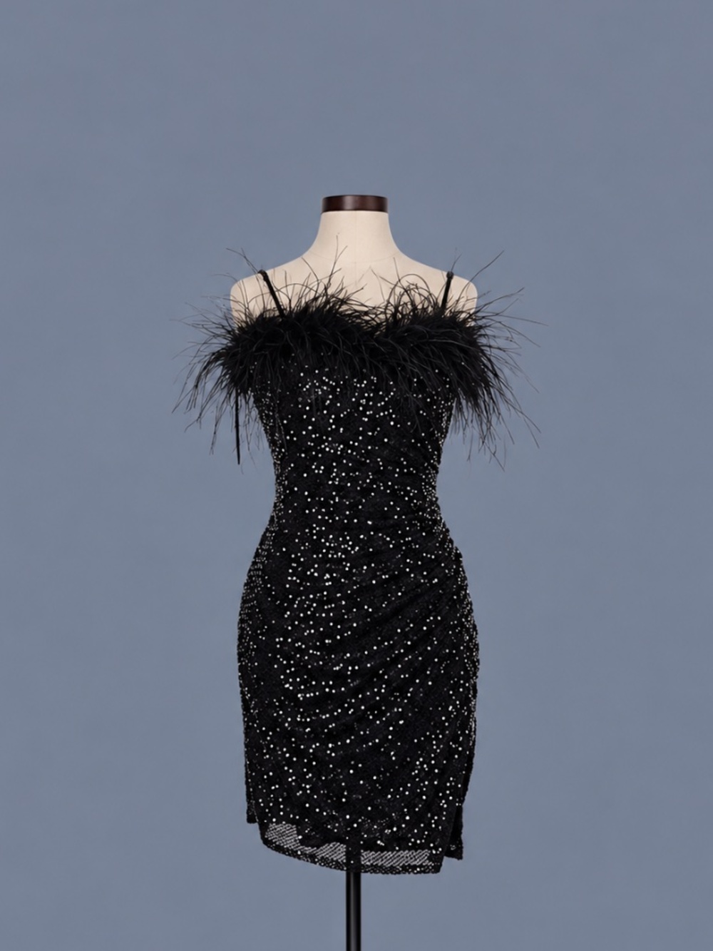 GB Sequin Feather Trim Bodycon Mini Dress – Size XS NWT